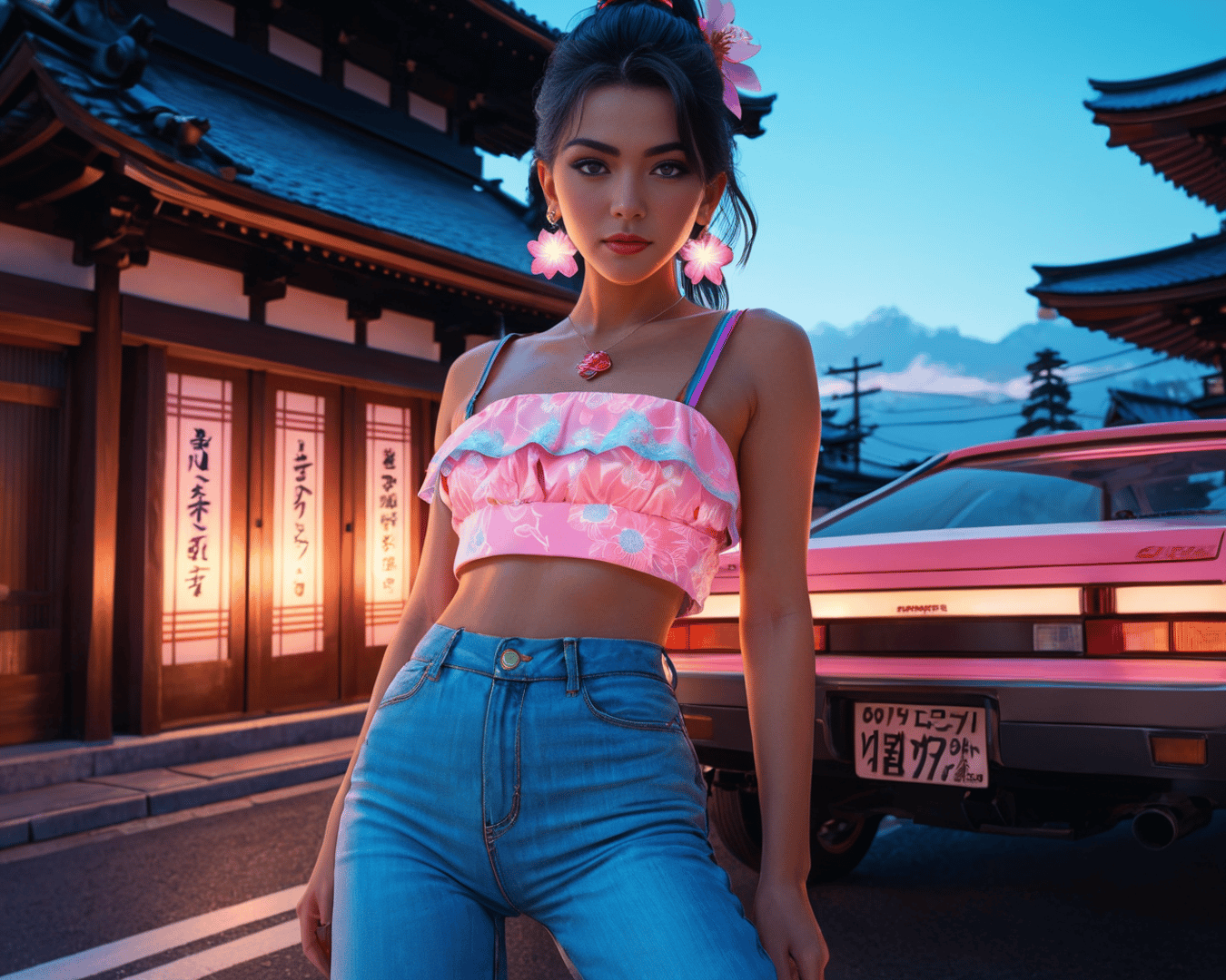 AI generated wallpaper featuring woman, car, temple