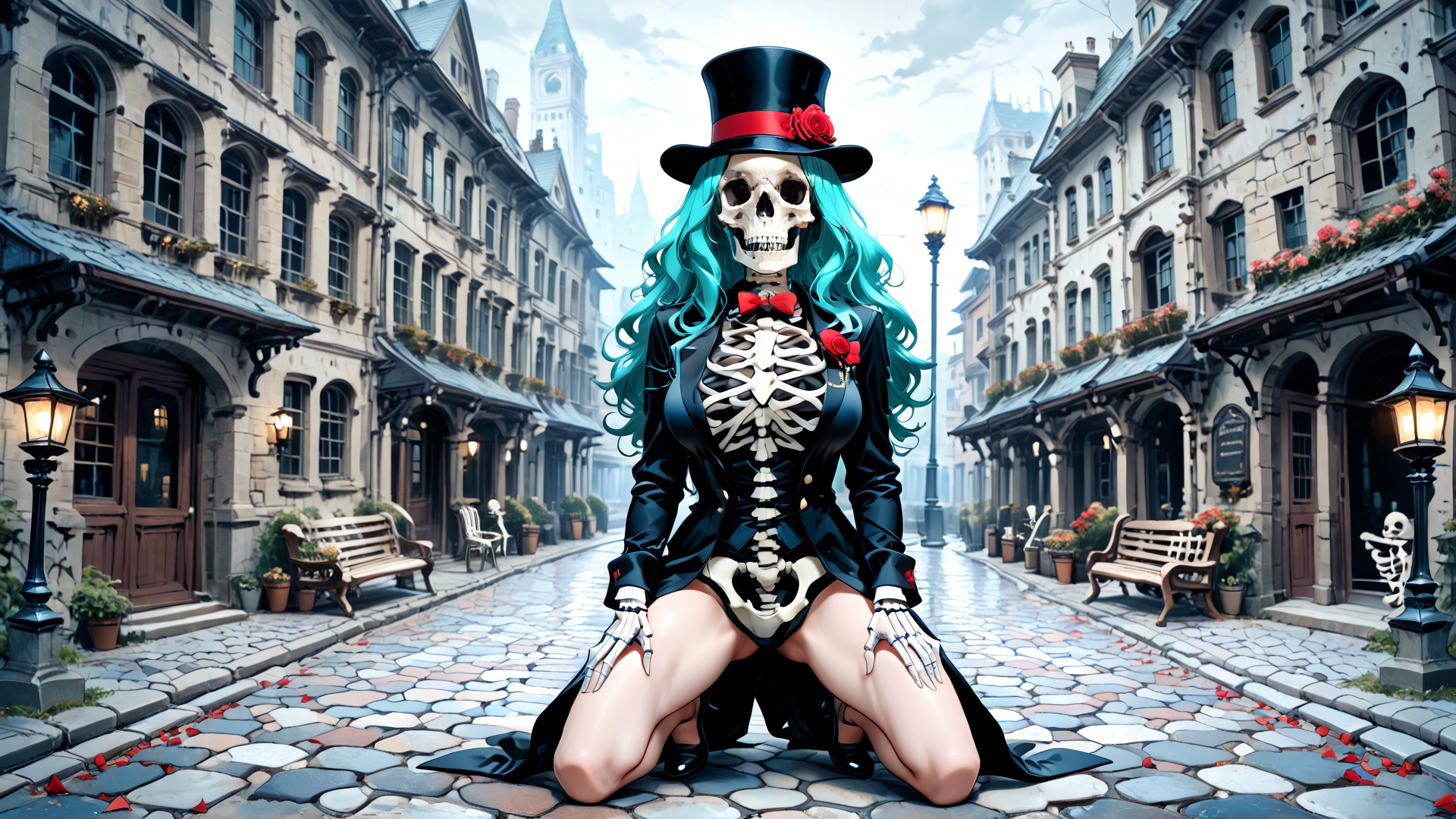 AI generated wallpaper featuring skeleton, woman, top hat, skeleton suit, street, buildings, flowers