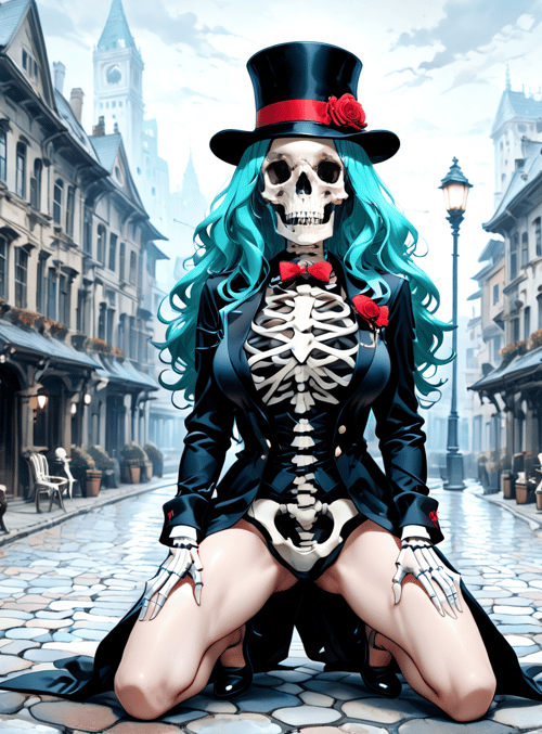 skeleton, woman, top hat, skeleton suit, street, buildings, flowers