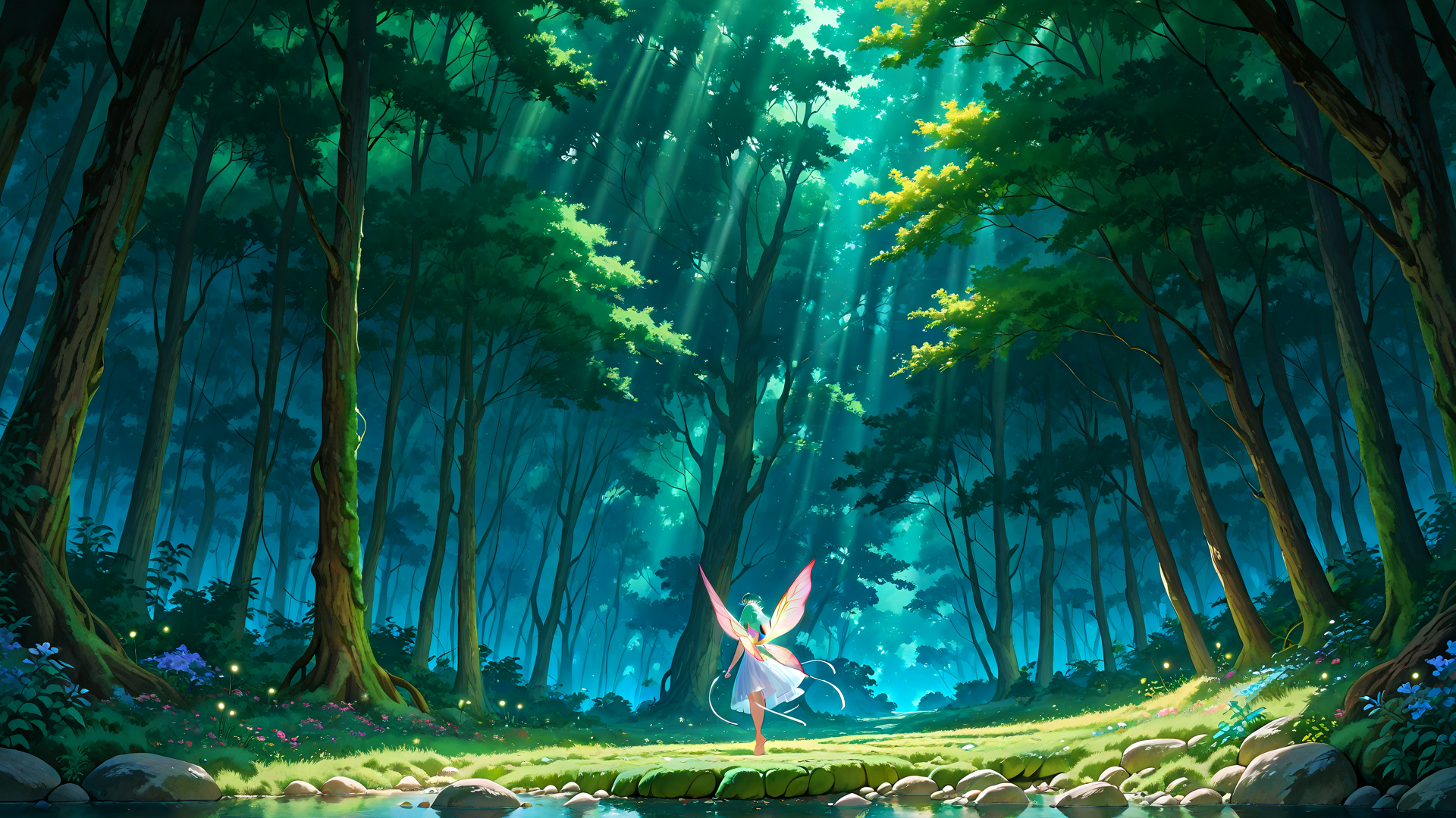 AI generated wallpaper featuring fairy, forest, sunlight, trees, river, flowers, glowing, fairy tale