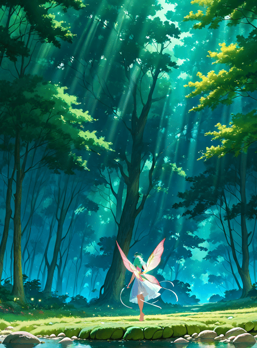 fairy, forest, sunlight, trees, river, flowers, glowing, fairy tale