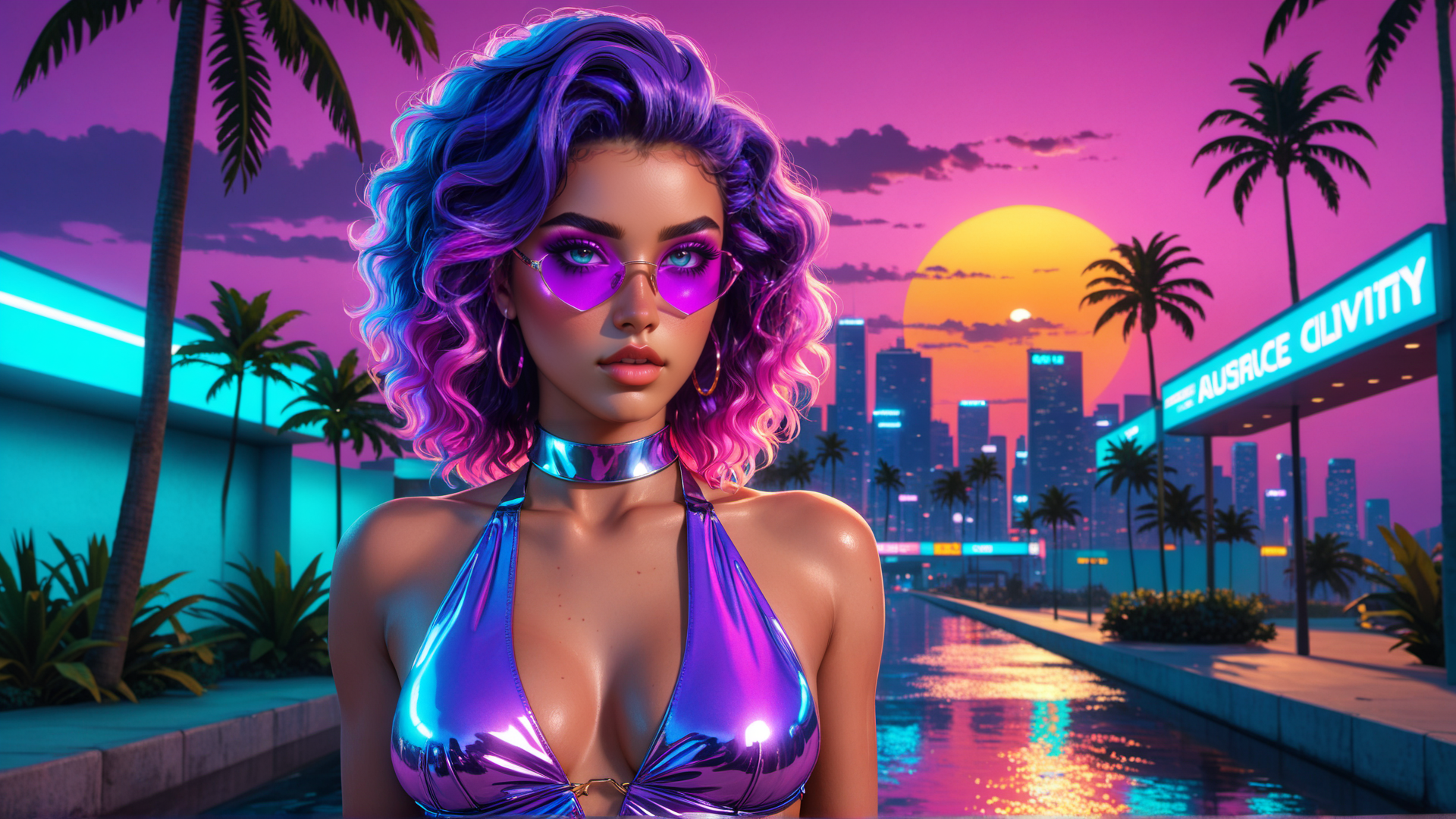AI generated wallpaper featuring woman, palm trees, city