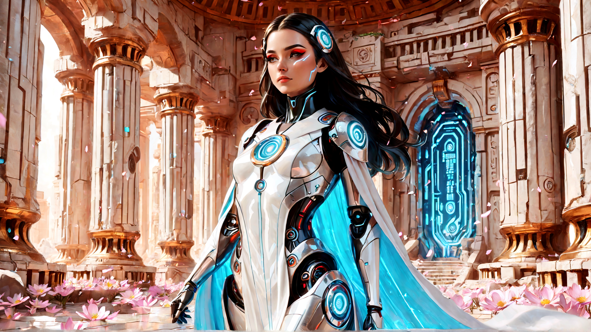 AI generated wallpaper featuring cyborg, woman, ancient, architecture, flowers, sail, helmet, columns, gloves, circuit