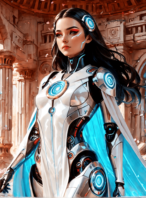 cyborg, woman, ancient, architecture, flowers, sail, helmet, columns, gloves, circuit