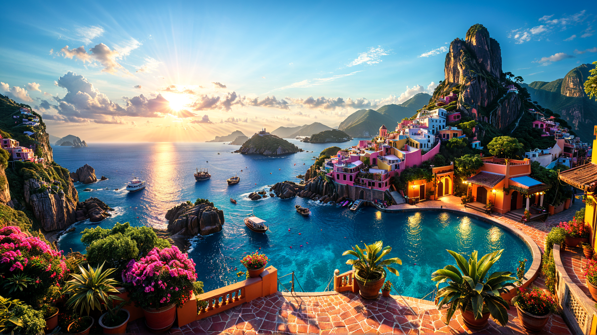 AI generated wallpaper featuring village, sea, mountain, pool, sunset