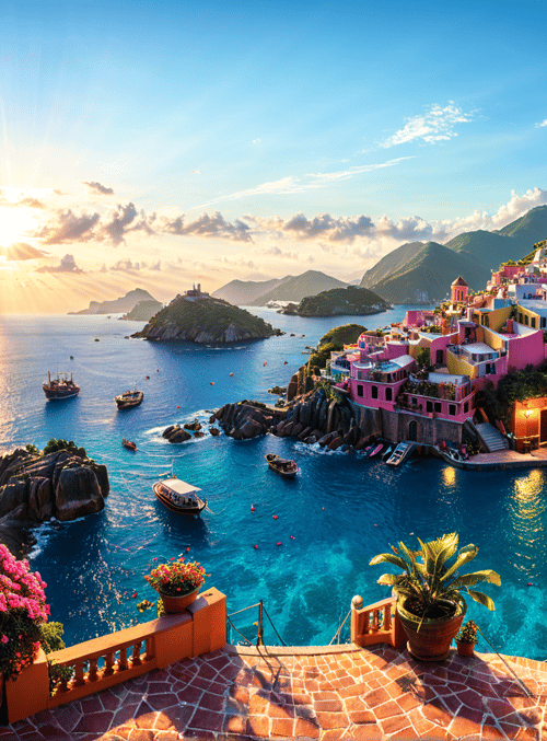 village, sea, mountain, pool, sunset