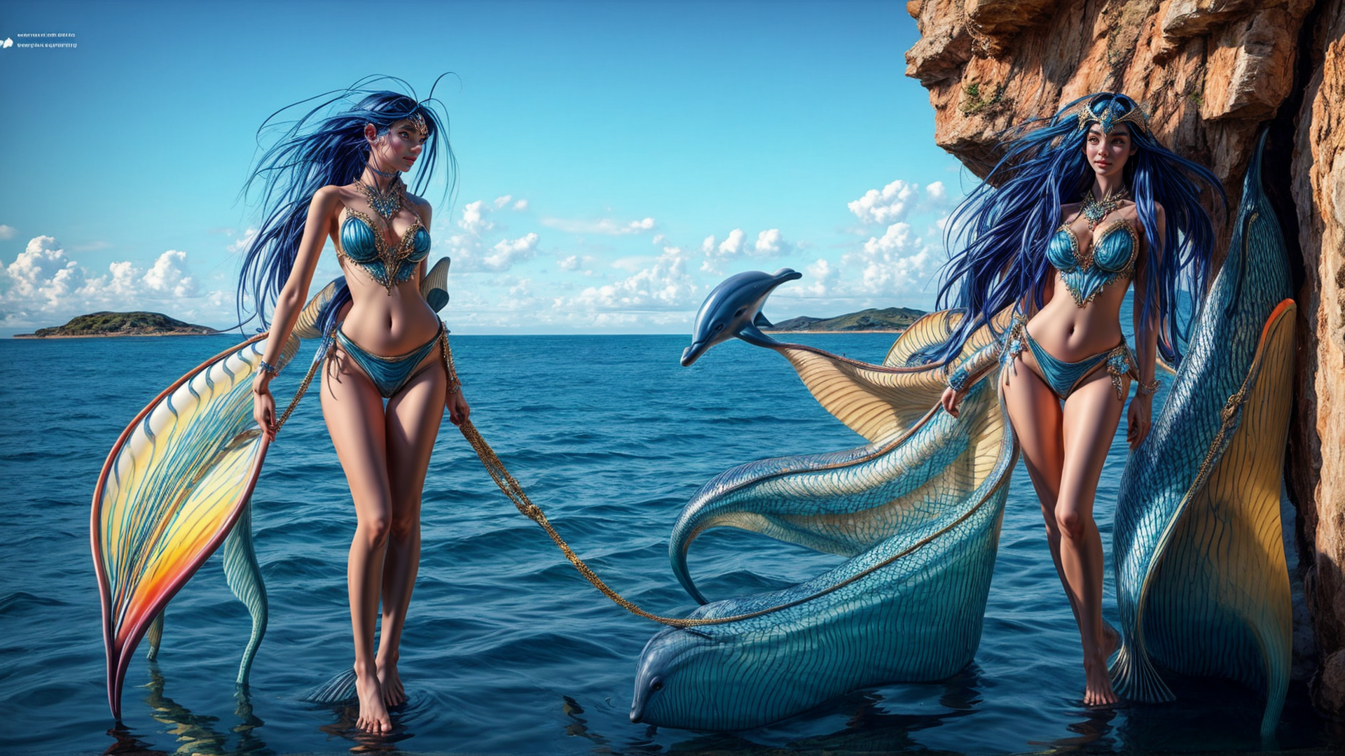 AI generated wallpaper featuring mermaid, dolphin, sea