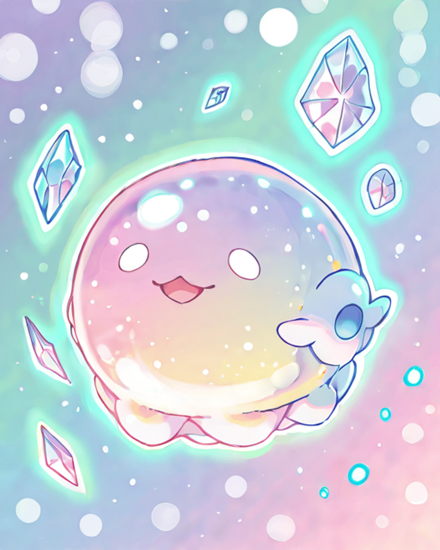 AI generated wallpaper featuring cute character, crystals, bubbles