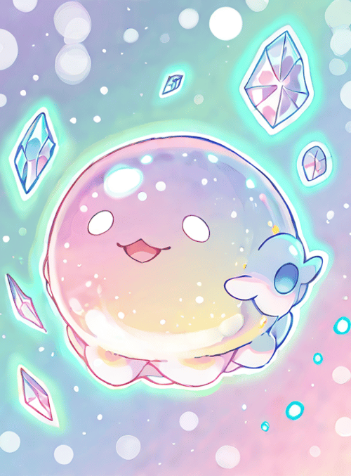 cute character, crystals, bubbles