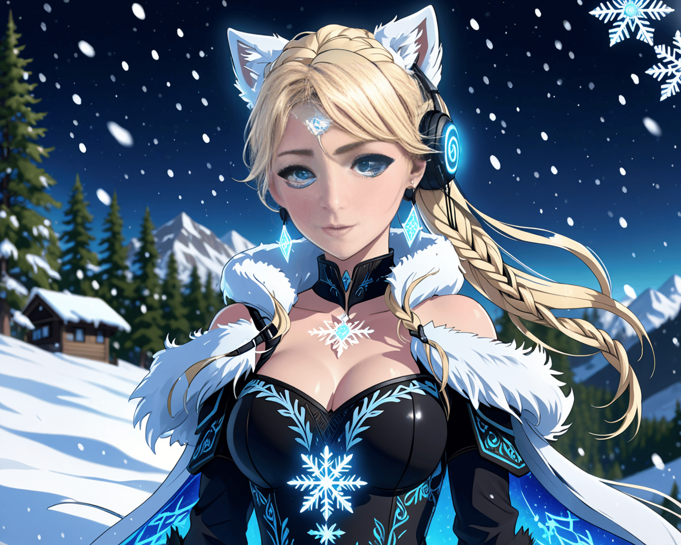 AI generated wallpaper featuring woman, snow, furry