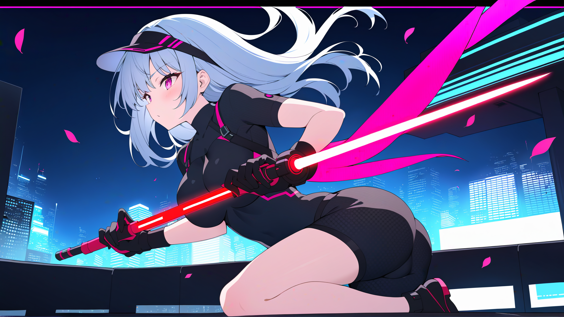 AI generated wallpaper featuring anime character, swordsman, cyberpunk
