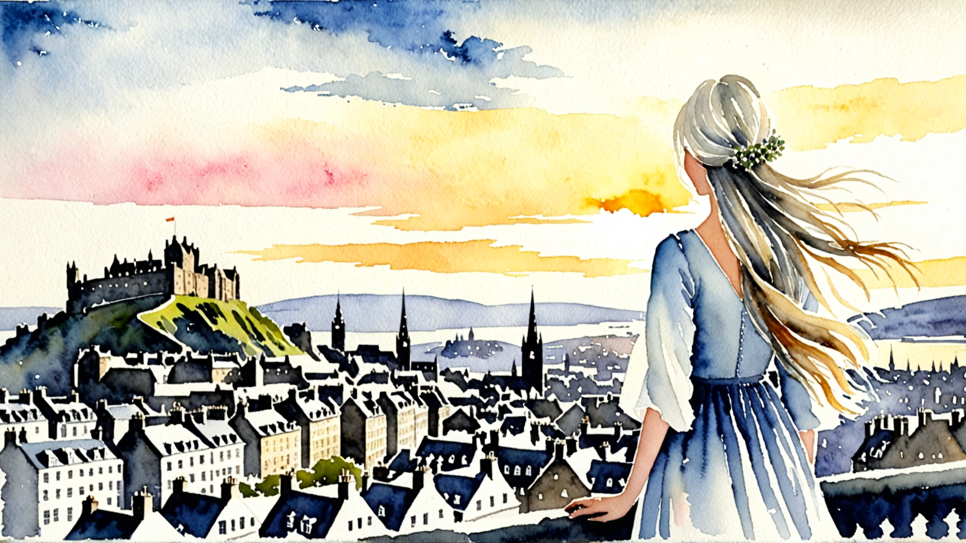 AI generated wallpaper featuring woman, castle, cityscape, sky, buildings