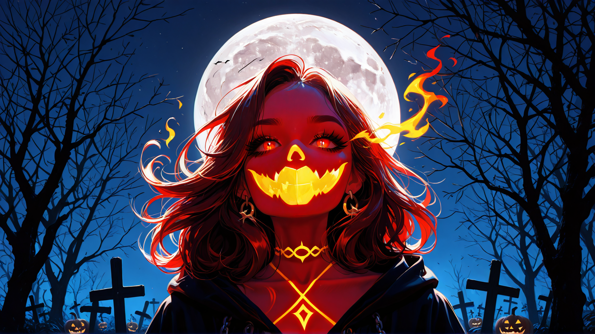 AI generated wallpaper featuring woman, moon, trees, cemetery, pumpkin