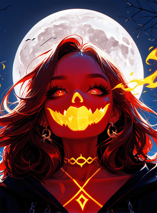 woman, moon, trees, cemetery, pumpkin
