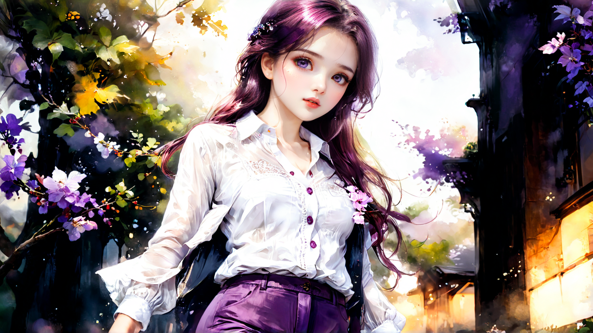 AI generated wallpaper featuring girl, flowers, building