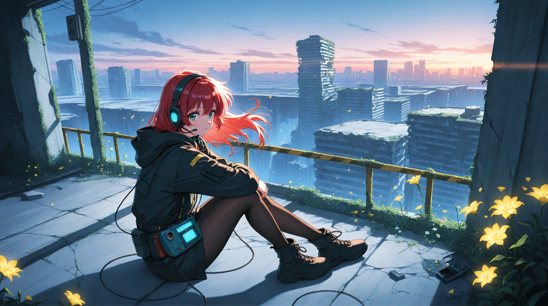 AI generated wallpaper featuring anime girl, cityscape, flowers