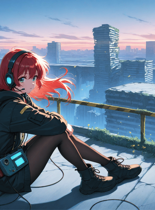 anime girl, cityscape, flowers
