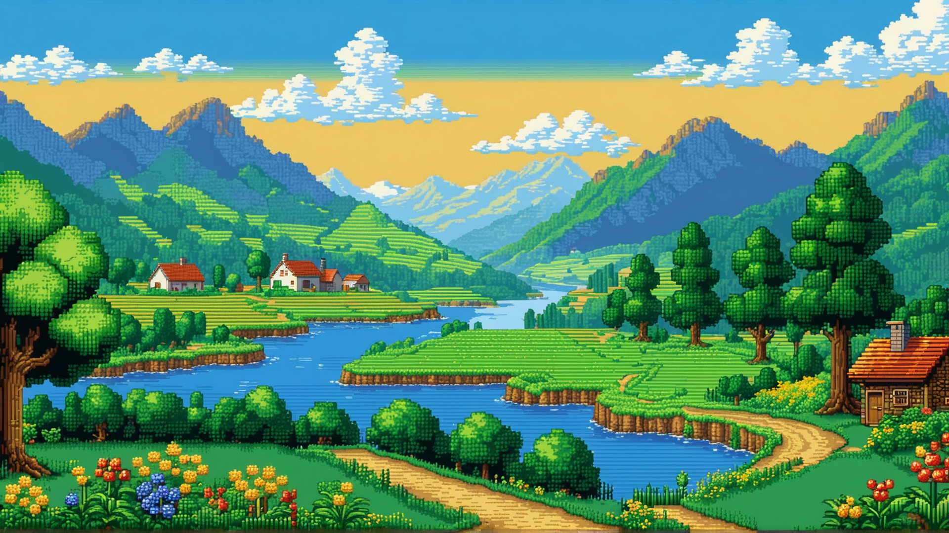 AI generated wallpaper featuring landscape, village, river