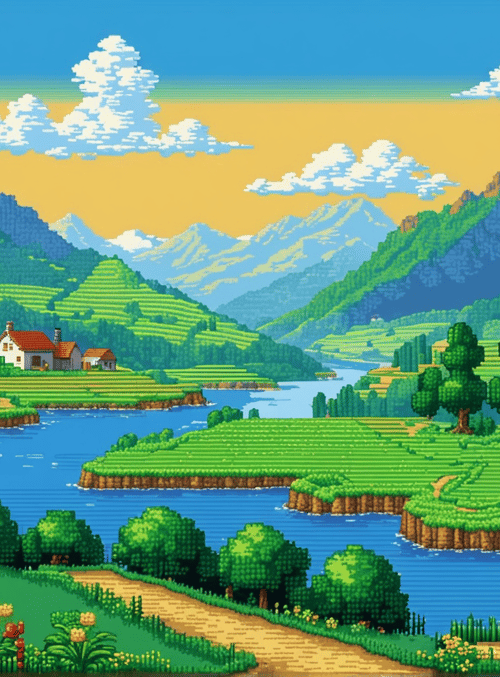landscape, village, river