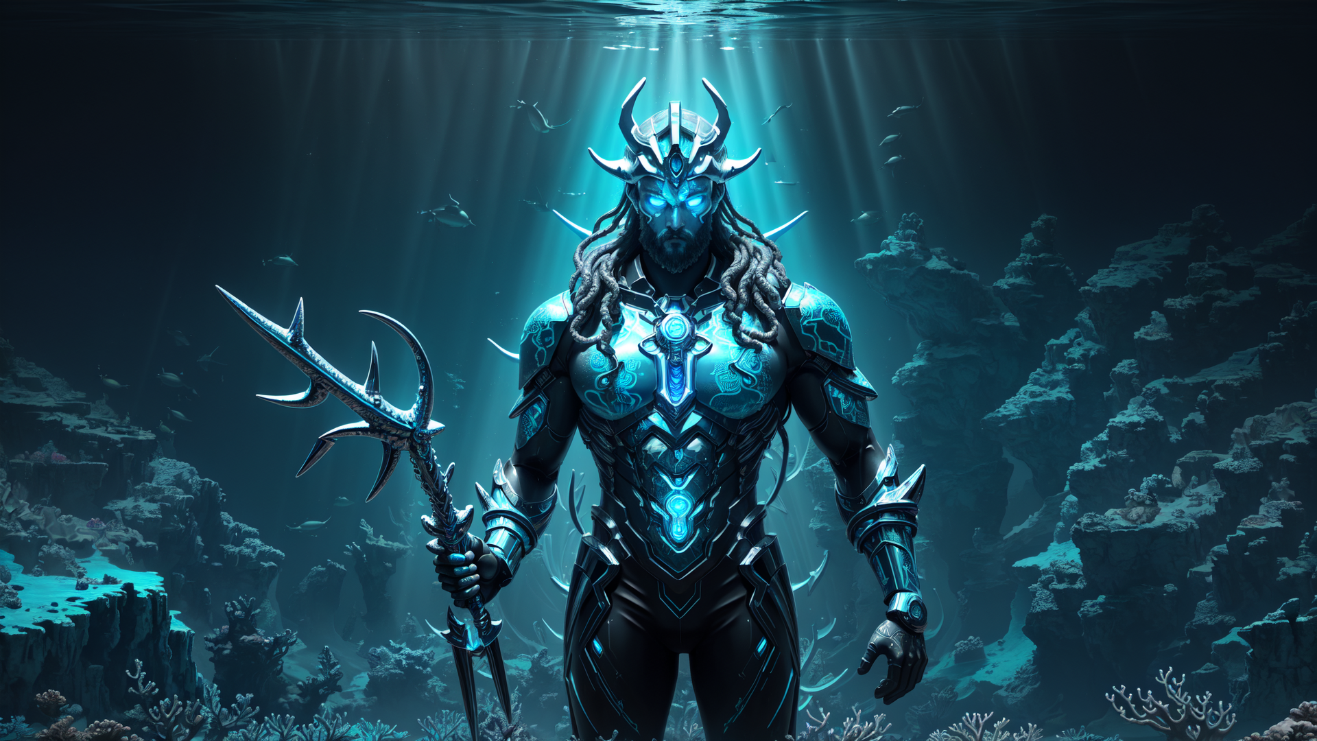 AI generated wallpaper featuring ocean god, trident, aquatic armor