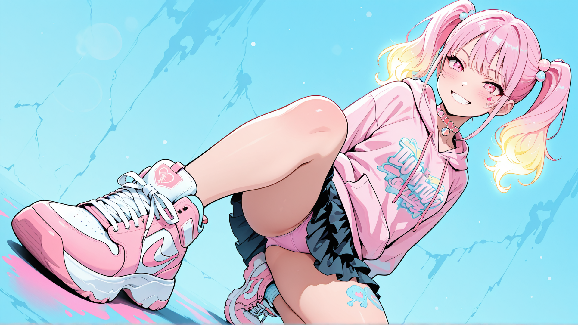 AI generated wallpaper featuring girl, sneakers, hoodie, shorts, pigtails