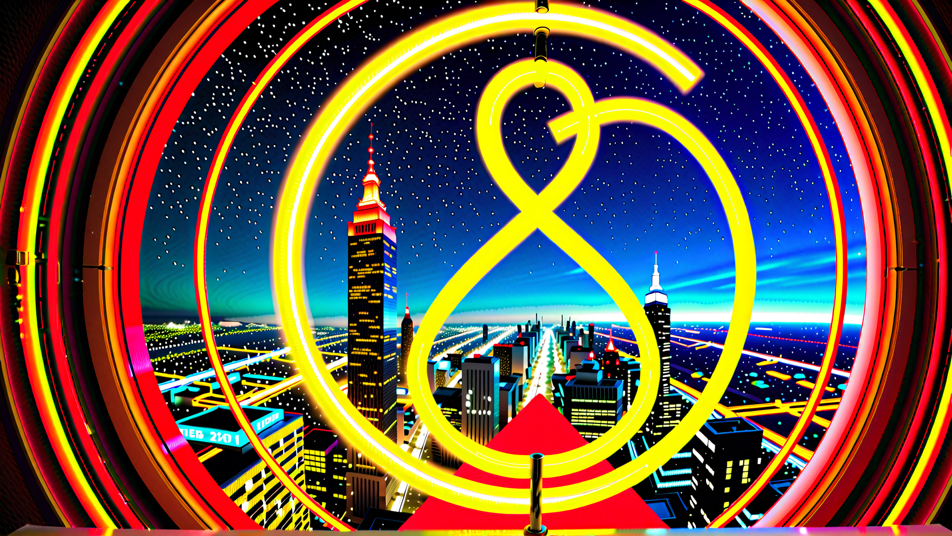 AI generated wallpaper featuring cityscape, neon sign, logo