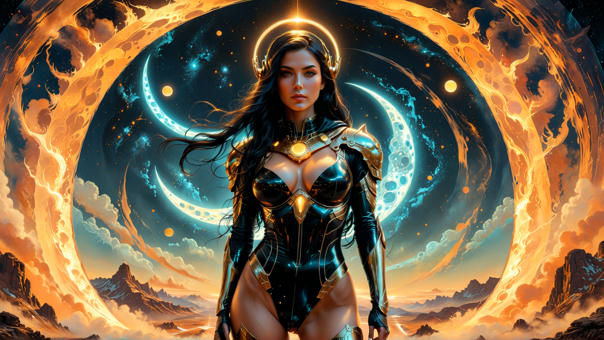 AI generated wallpaper featuring woman, armor, cosmic, moons, ring, headdress, galaxy