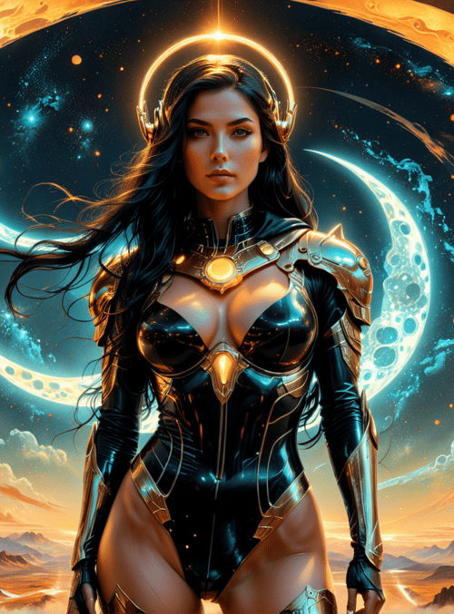 woman, armor, cosmic, moons, ring, headdress, galaxy