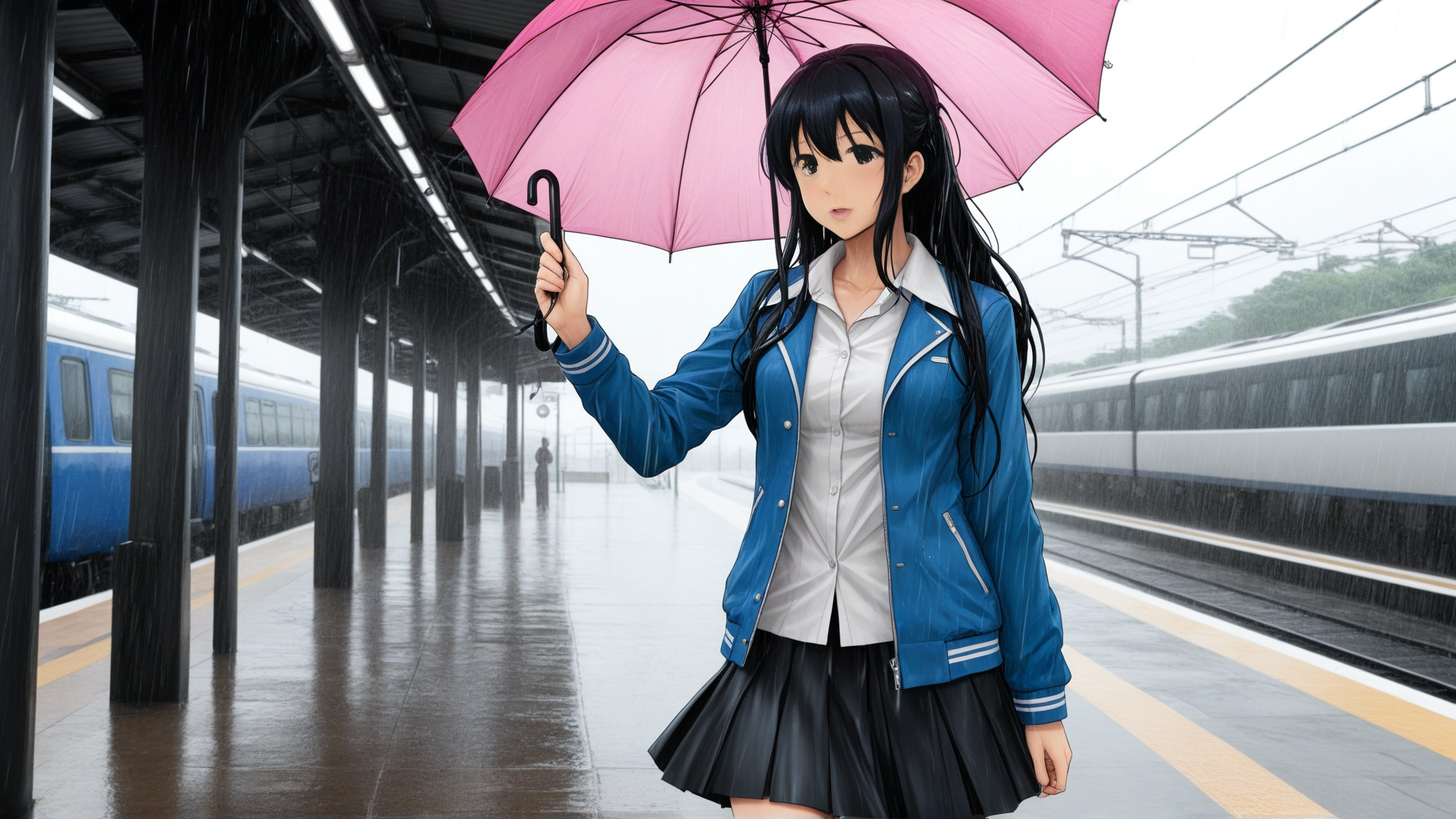 AI generated wallpaper featuring girl, umbrella, train station