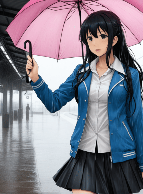 girl, umbrella, train station