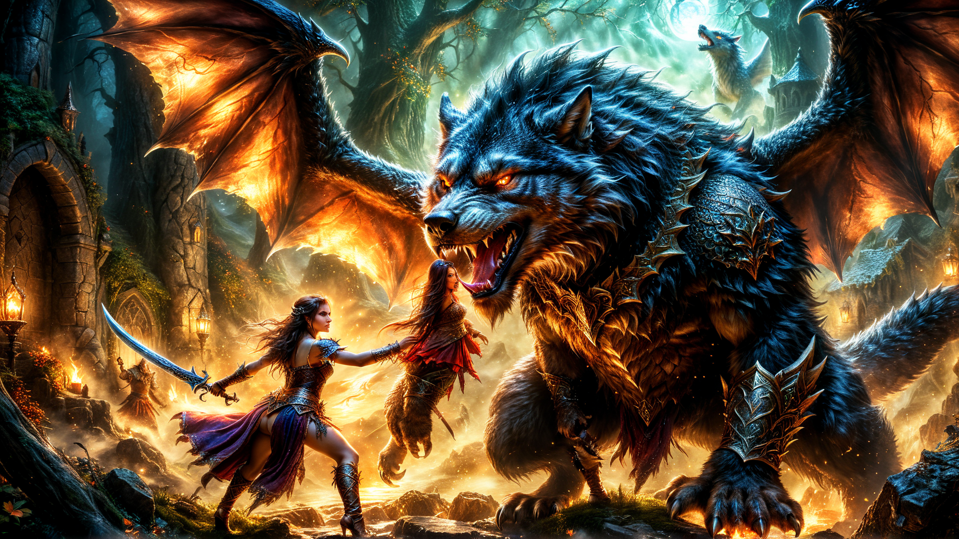 AI generated wallpaper featuring dragon, wolf, women, swords, castle, trees, fairy, fire, giant, armor