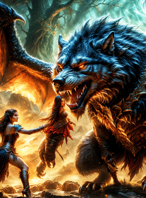 dragon, wolf, women, swords, castle, trees, fairy, fire, giant, armor