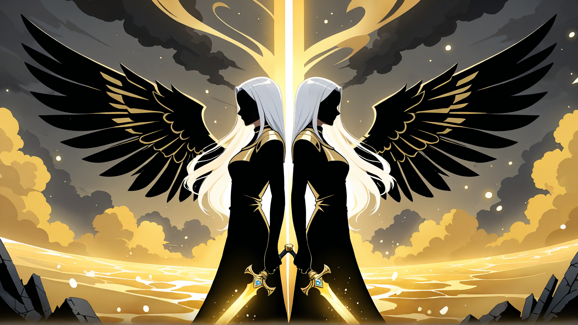 AI generated wallpaper featuring angel, sword, silhouette, wing, figure