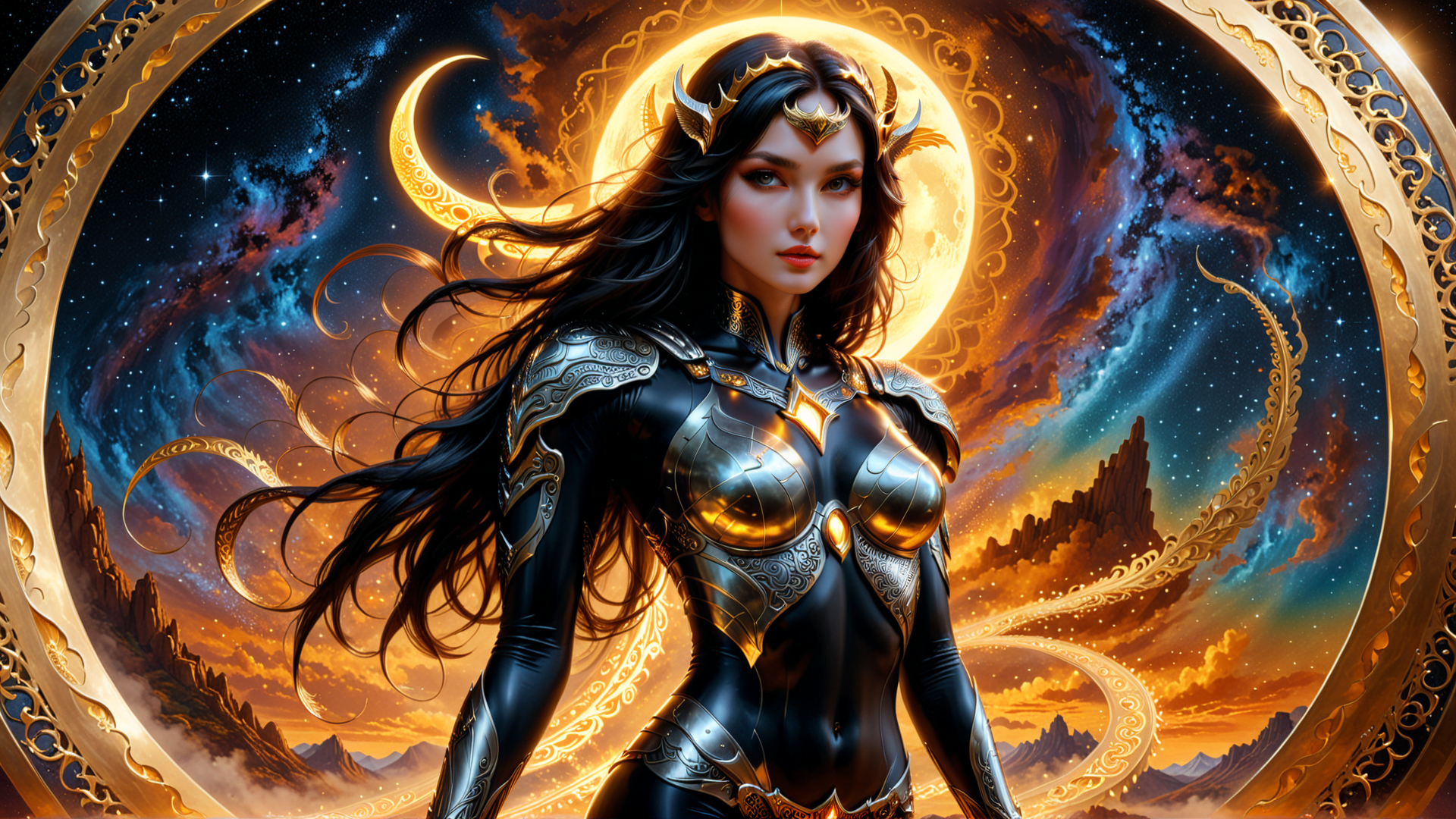 AI generated wallpaper featuring woman, goddess, armor, moon, cosmos