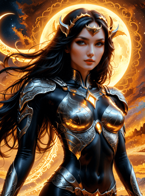 woman, goddess, armor, moon, cosmos