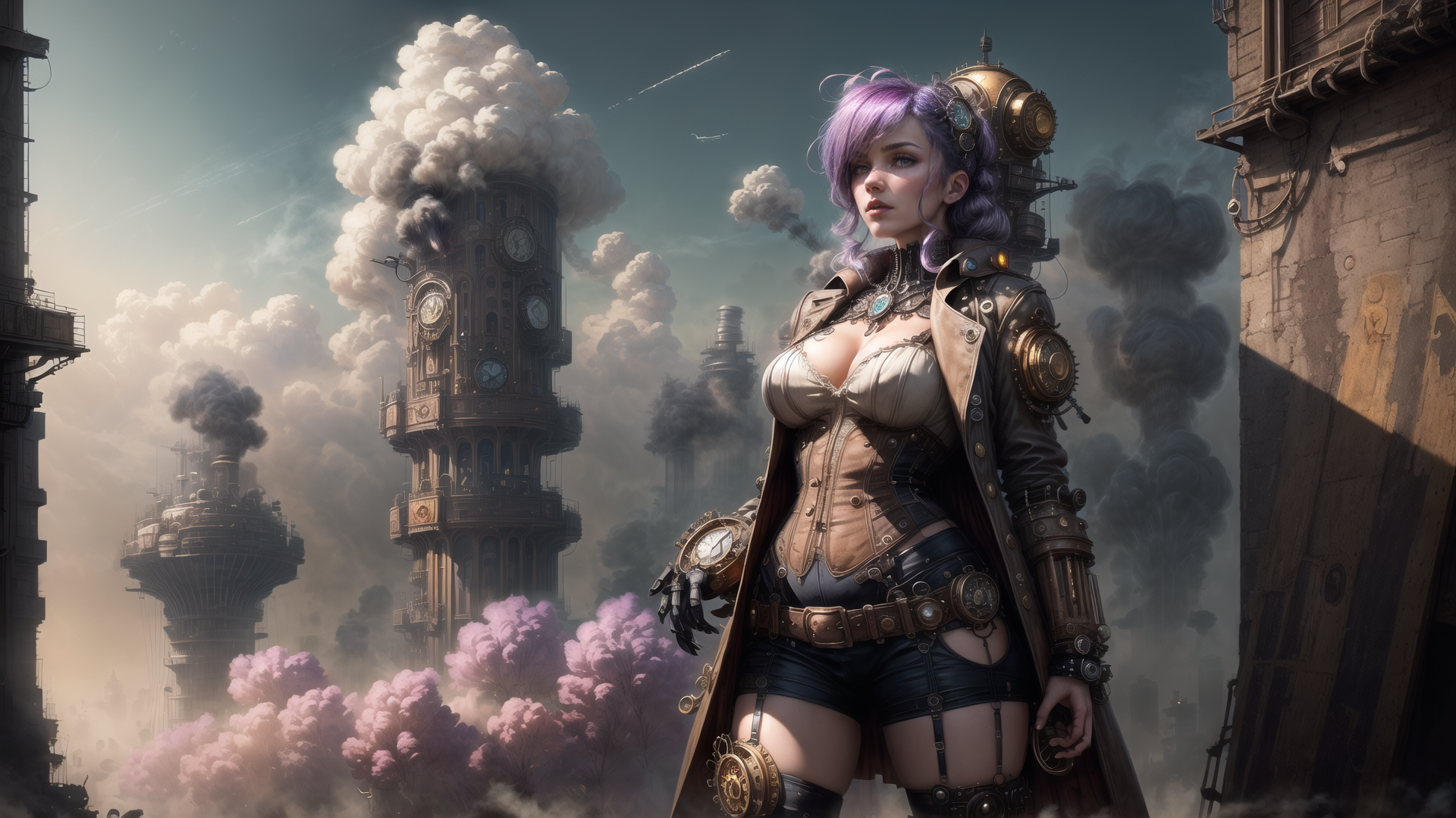 AI generated wallpaper featuring woman, steampunk, cityscape, clocktower, smoke