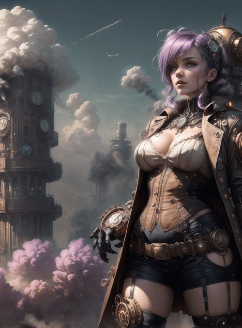 woman, steampunk, cityscape, clocktower, smoke