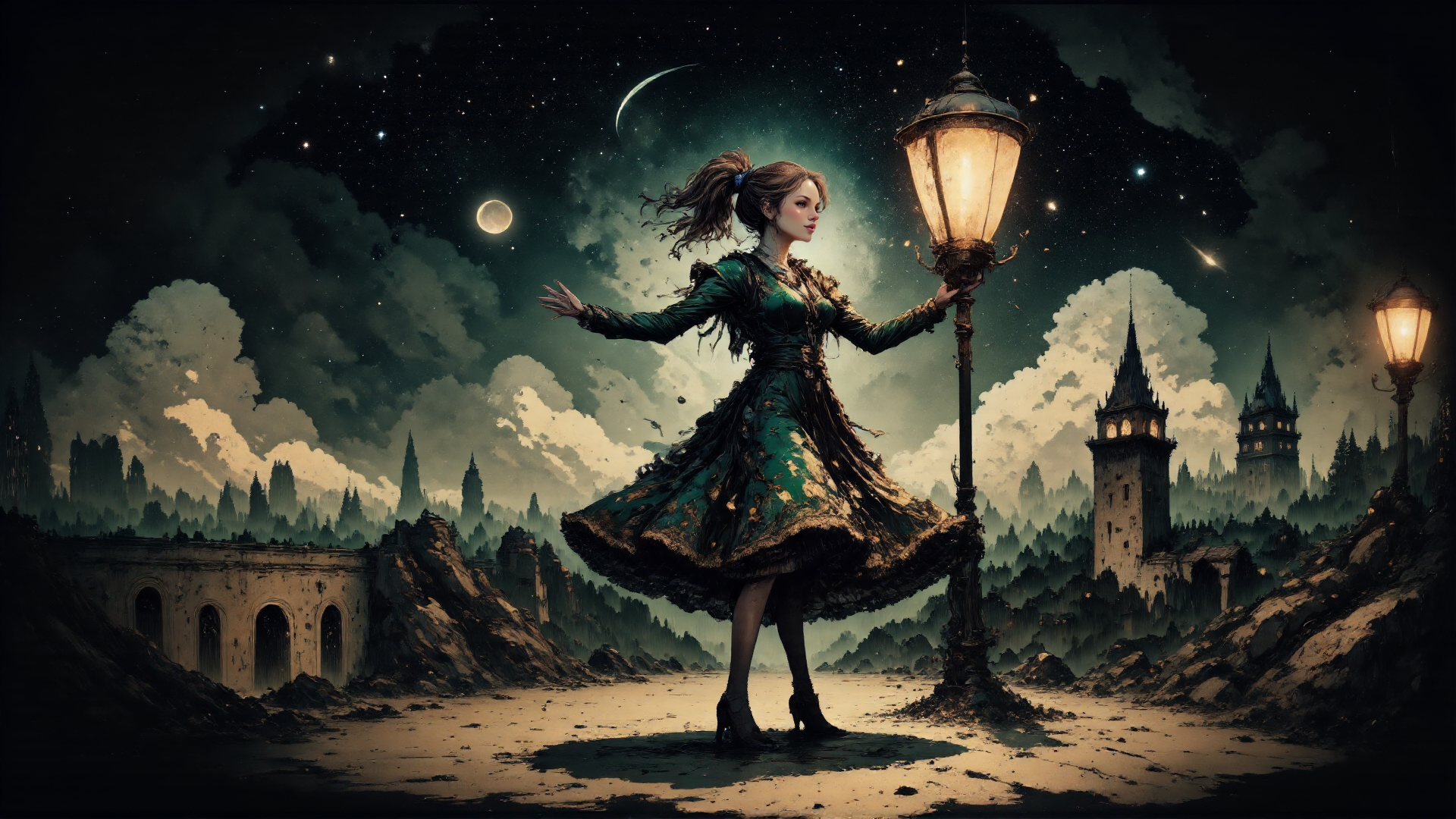 AI generated wallpaper featuring woman, lantern, castle