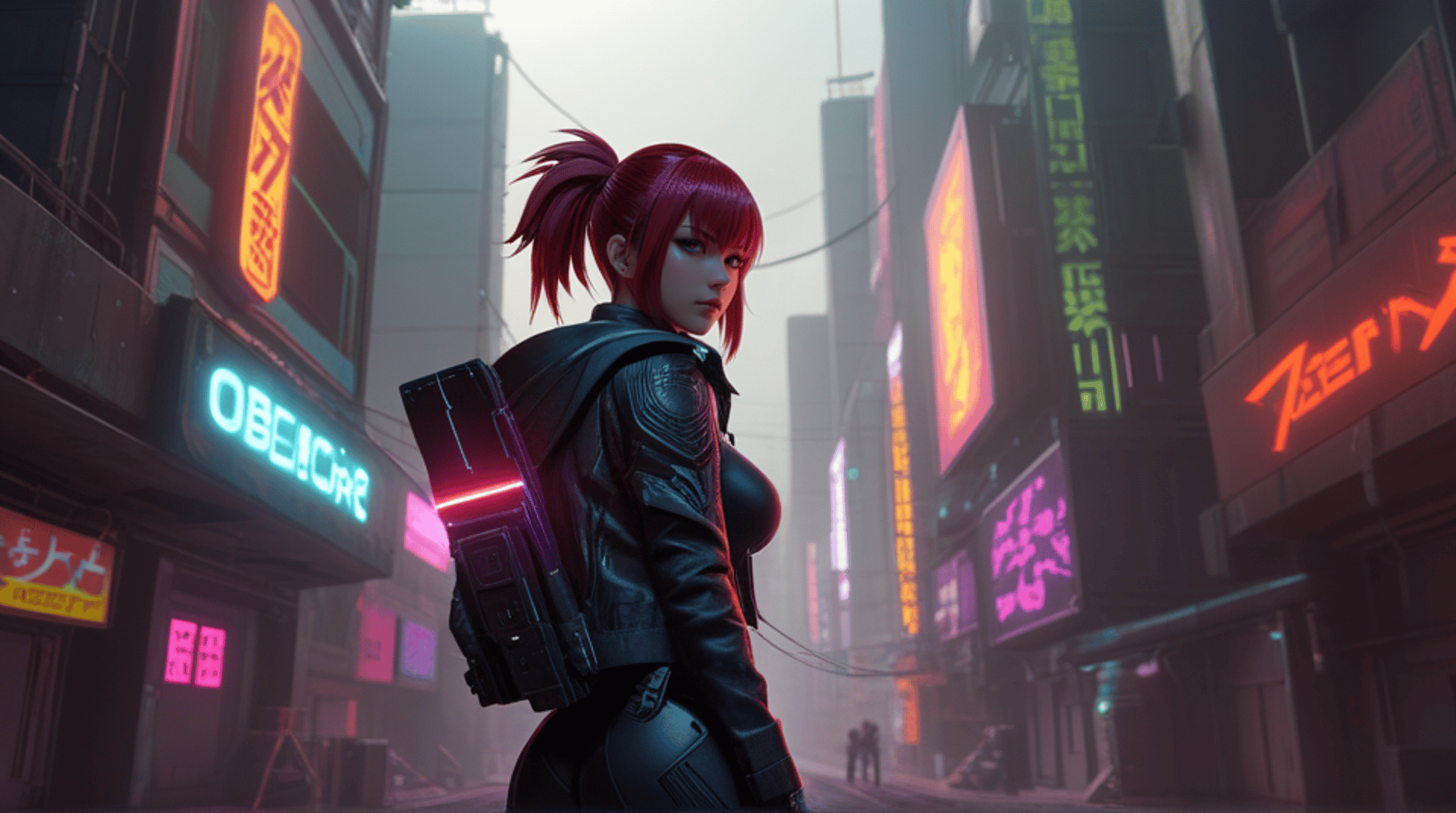 AI generated wallpaper featuring cyberpunk woman, neon sign, city street