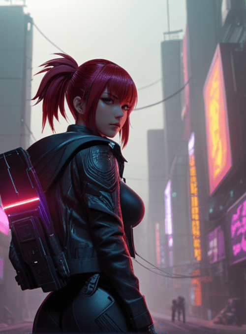cyberpunk woman, neon sign, city street