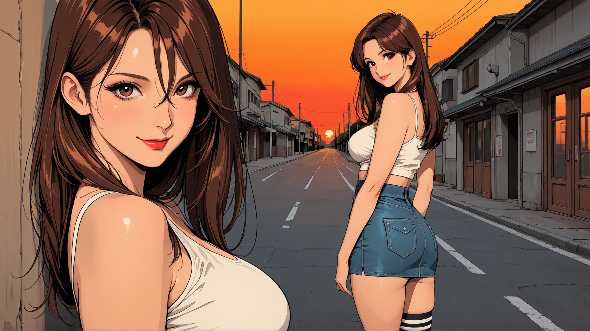 AI generated wallpaper featuring woman, street, sunset