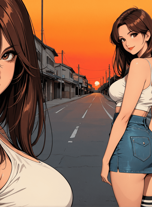 woman, street, sunset