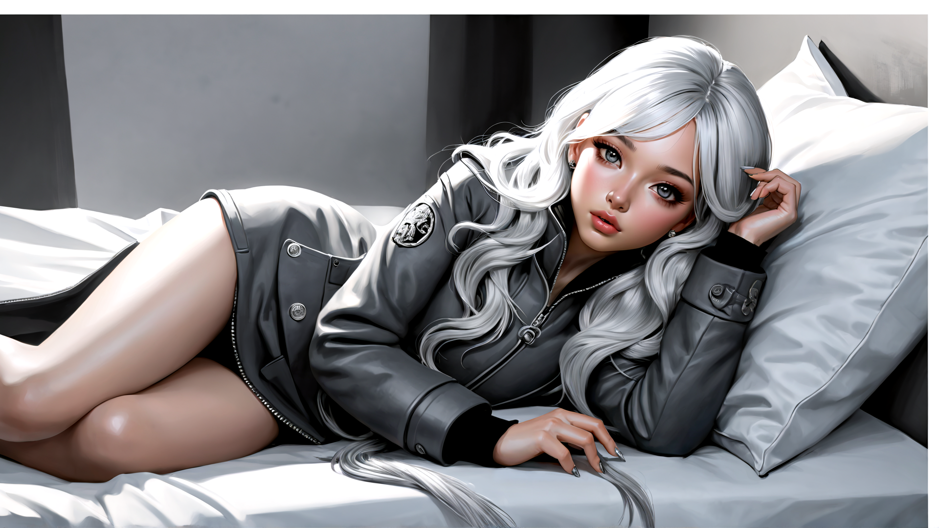 AI generated wallpaper featuring woman, bed, leather jacket, white hair, pillow, legs, bedspread