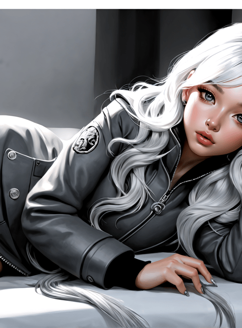 woman, bed, leather jacket, white hair, pillow, legs, bedspread