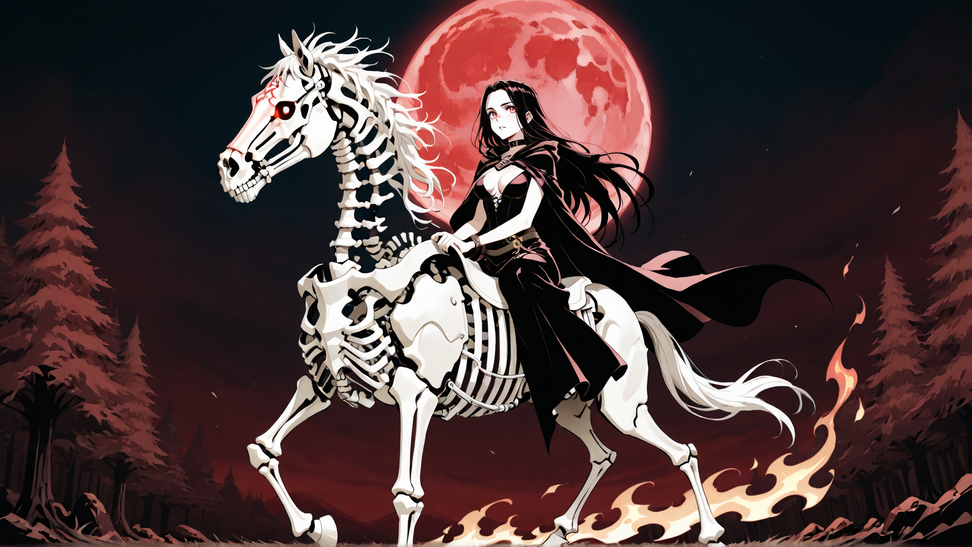 AI generated wallpaper featuring woman, skeleton horse, red moon, trees, fire