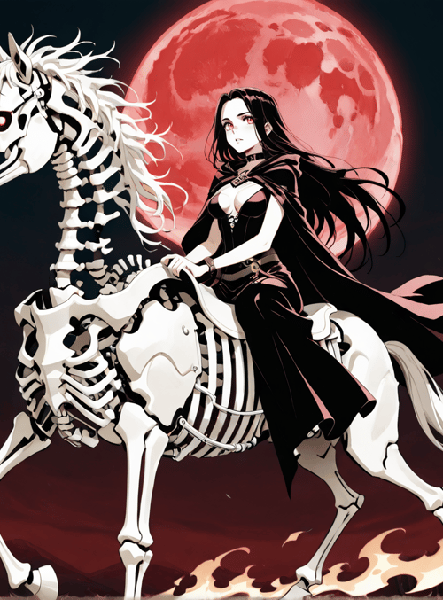 woman, skeleton horse, red moon, trees, fire