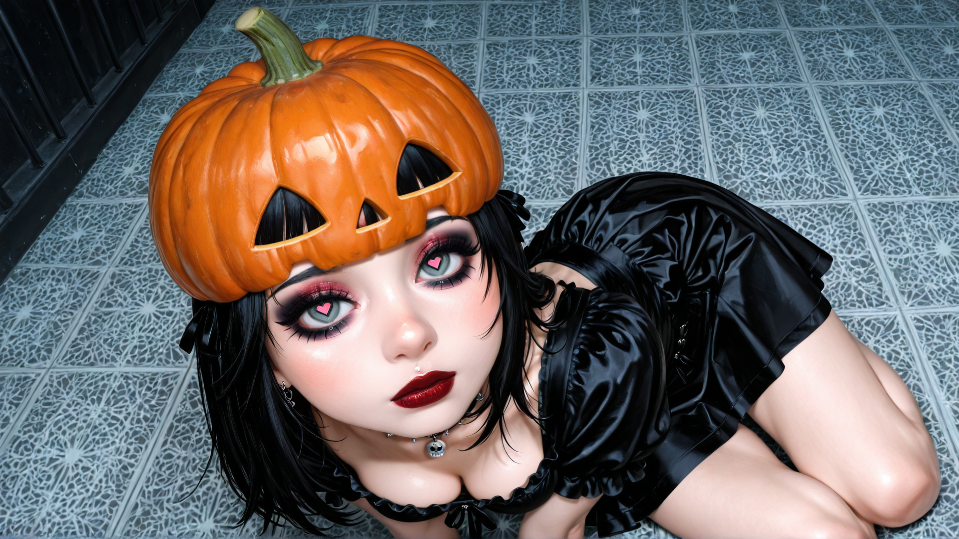 AI generated wallpaper featuring pumpkin, woman, costume, choker, hair, eyes, dress