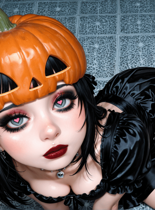 pumpkin, woman, costume, choker, hair, eyes, dress