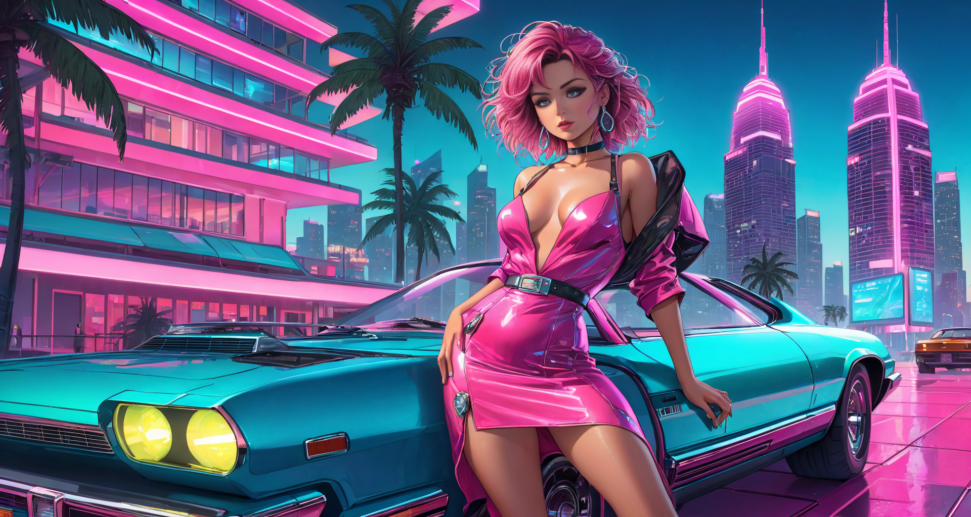 AI generated wallpaper featuring woman, car, city