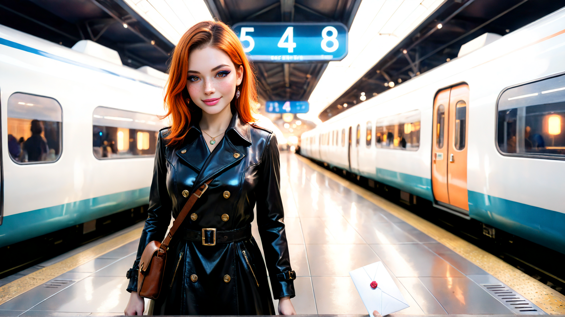AI generated wallpaper featuring woman, train, envelope